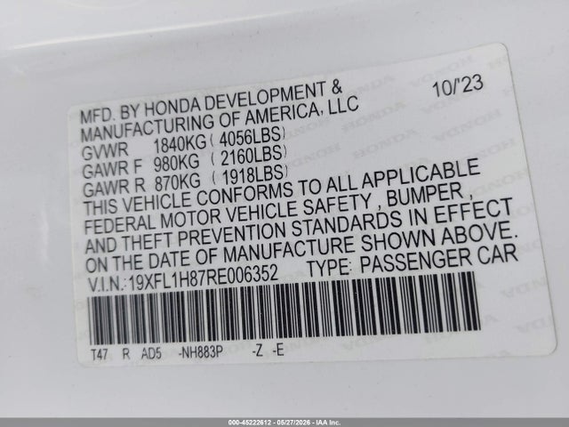 45222612 :رقم المزاد ، 19XFL1H87RE006352 vin ، 2024 Honda Civic Sport Touring مزاد بيع
