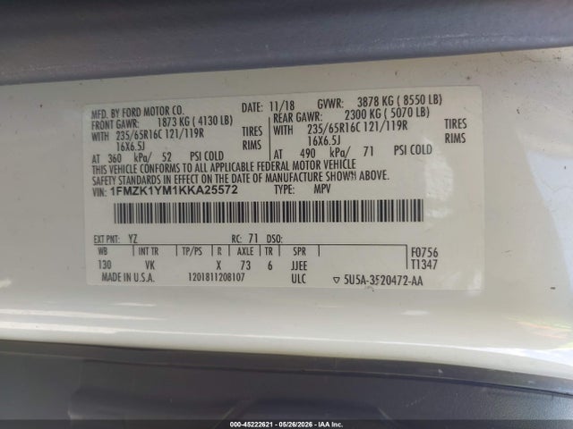 Aukcja sprzedaży 2019 Ford Transit-150 Xl, vin: 1FMZK1YM1KKA25572, numer aukcji: 45222621