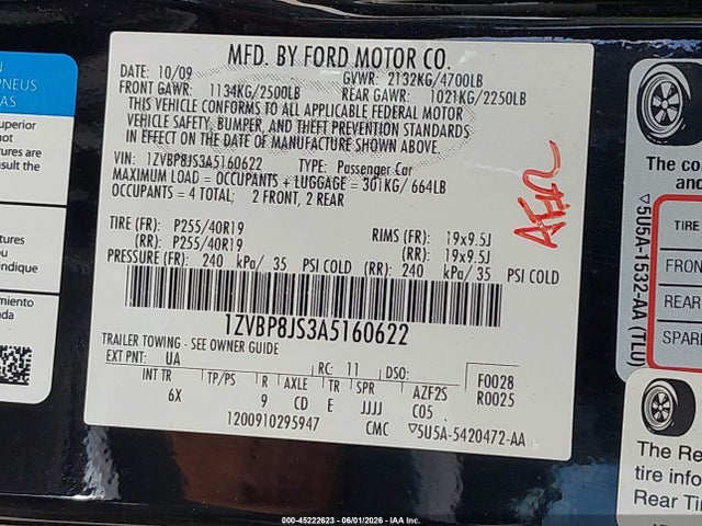 Продаж на аукціоні авто 2010 Ford Shelby Gt500, vin: 1ZVBP8JS3A5160622, номер лоту: 45222623