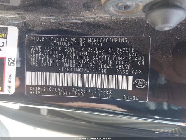Aukcja sprzedaży 2021 Toyota Camry Se, vin: 4T1G11AK7MU492148, numer aukcji: 45222628