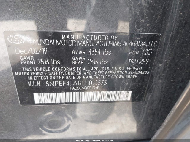 45222631 :رقم المزاد ، 5NPEF4JA8LH010575 vin ، 2020 Hyundai Sonata Sel مزاد بيع