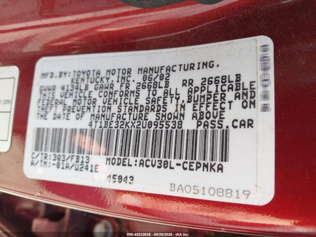 Aukcja sprzedaży 2002 Toyota Camry Le, vin: 4T1BE32KX2U095538, numer aukcji: 45222636