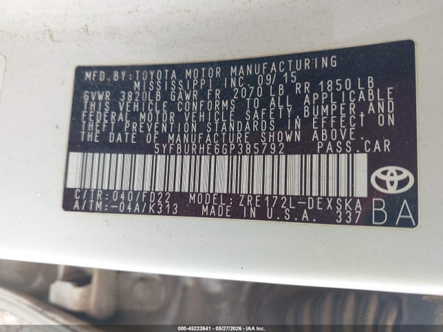 45222641 :رقم المزاد ، 5YFBURHE6GP385792 vin ، 2016 Toyota Corolla S Plus مزاد بيع