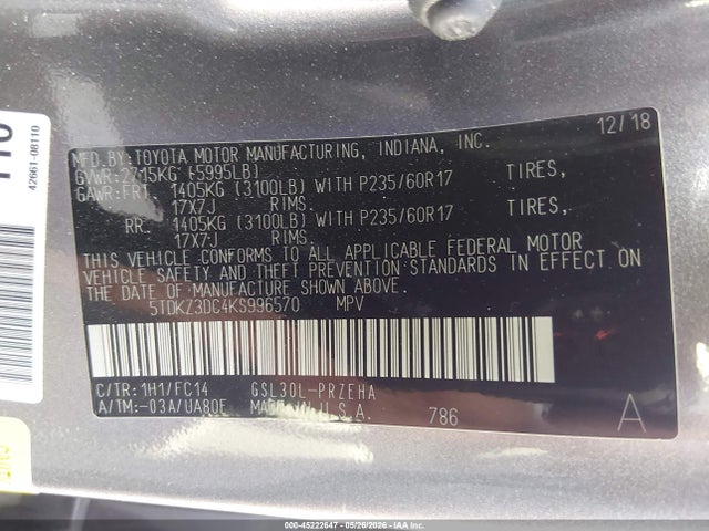 2019 Toyota Sienna Le 8 Passenger მანქანა იყიდება აუქციონზე, vin: 5TDKZ3DC4KS996570, აუქციონის ნომერი: 45222647