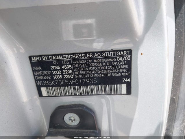 Aukcja sprzedaży 2003 Mercedes-benz Sl 500, vin: WDBSK75F53F017935, numer aukcji: 45222658