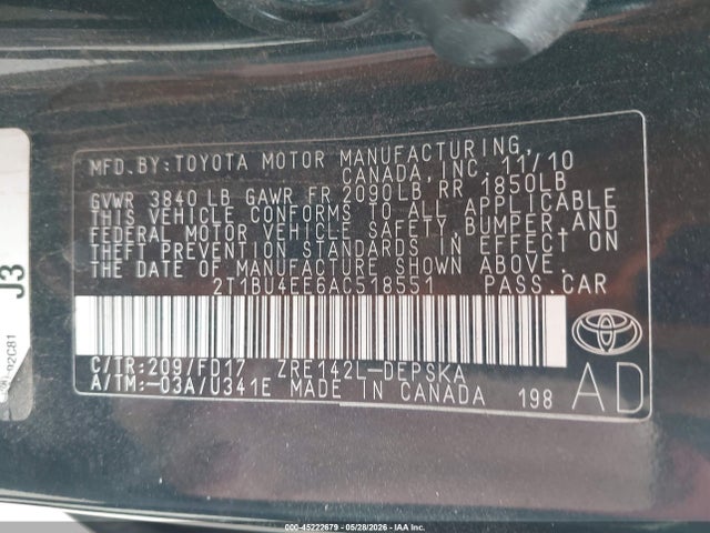 Aukcja sprzedaży 2010 Toyota Corolla S, vin: 2T1BU4EE6AC518551, numer aukcji: 45222679