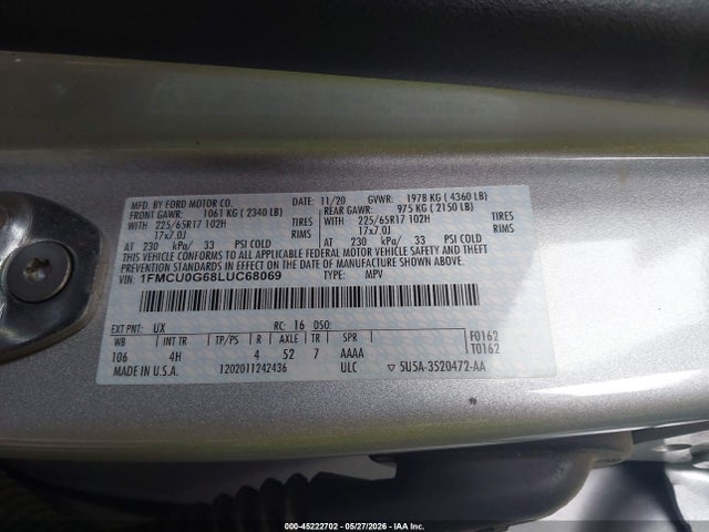 Продаж на аукціоні авто 2020 Ford Escape Se, vin: 1FMCU0G68LUC68069, номер лоту: 45222702