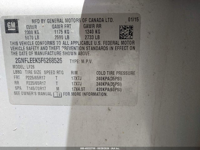 Auction sale of the 2015 Chevrolet Equinox Ls, vin: 2GNFLEEK5F6268526, lot number: 45222705