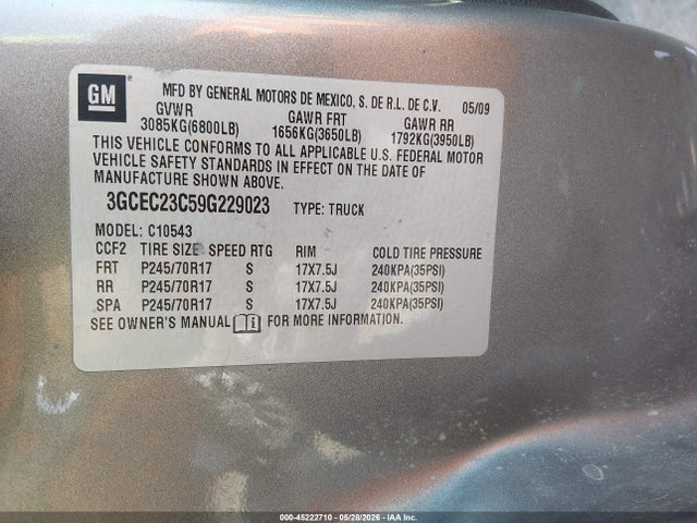 Aukcja sprzedaży 2009 Chevrolet Silverado 1500 Lt, vin: 3GCEC23C59G229023, numer aukcji: 45222710