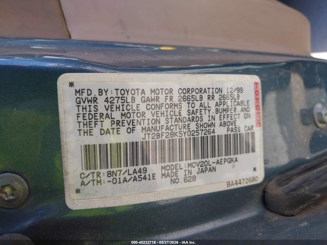 45222718 :رقم المزاد ، JT2BF28K5Y0257264 vin ، 2000 Toyota Camry Xle V6 مزاد بيع
