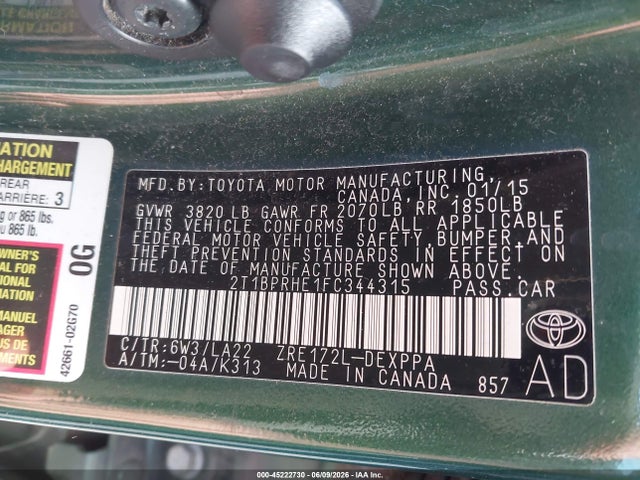 Aukcja sprzedaży 2015 Toyota Corolla Le Eco Premium, vin: 2T1BPRHE1FC344315, numer aukcji: 45222730