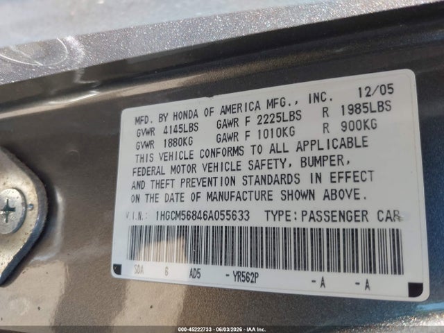 45222733 :رقم المزاد ، 1HGCM56846A055633 vin ، 2006 Honda Accord 2.4 Ex مزاد بيع