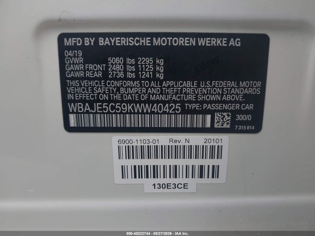 45222744 :رقم المزاد ، WBAJE5C59KWW40425 vin ، 2019 Bmw 540i مزاد بيع