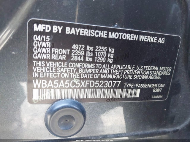 2015 Bmw 528i მანქანა იყიდება აუქციონზე, vin: WBA5A5C5XFD523077, აუქციონის ნომერი: 45222749