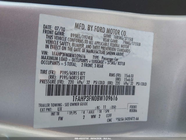 Aukcja sprzedaży 2011 Ford Focus Se, vin: 1FAHP3FN0BW109616, numer aukcji: 45222755