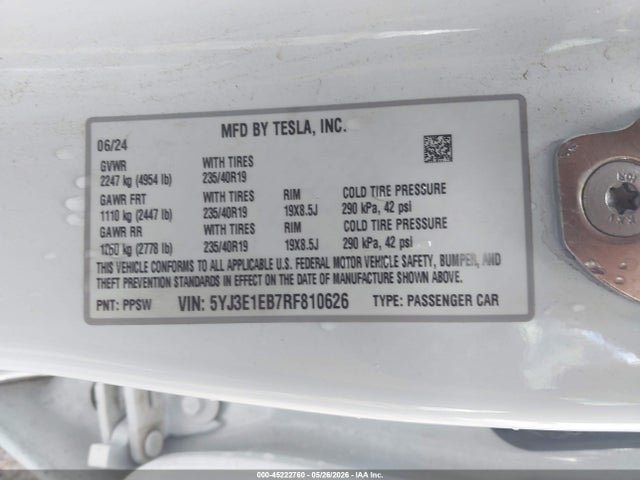 45222760 :رقم المزاد ، 5YJ3E1EB7RF810626 vin ، 2024 Tesla Model 3 Long Range Dual Motor All-wheel Drive مزاد بيع