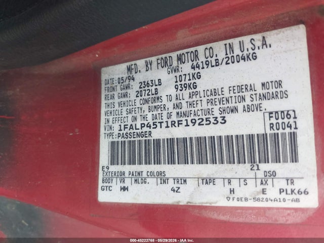 Продажа на аукционе авто 1994 Ford Mustang Gt, vin: 1FALP45T1RF192533, номер лота: 45222768
