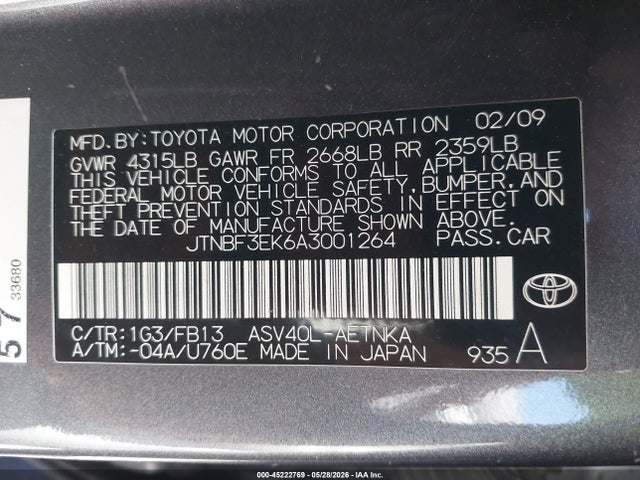2010 Toyota Camry Le მანქანა იყიდება აუქციონზე, vin: JTNBF3EK6A3001264, აუქციონის ნომერი: 45222769