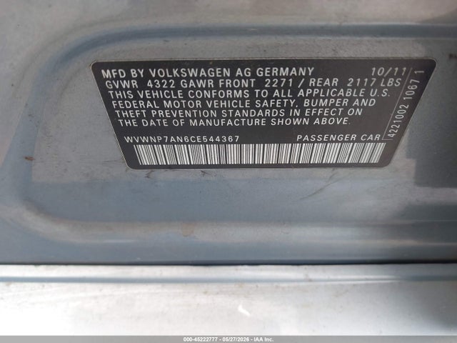2012 Volkswagen Cc Sport მანქანა იყიდება აუქციონზე, vin: WVWNP7AN6CE544367, აუქციონის ნომერი: 45222777