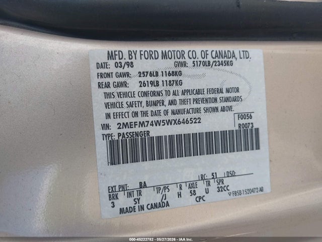 Aukcja sprzedaży 1998 Mercury Grand Marquis, vin: 2MEFM74W5WX646522, numer aukcji: 45222782
