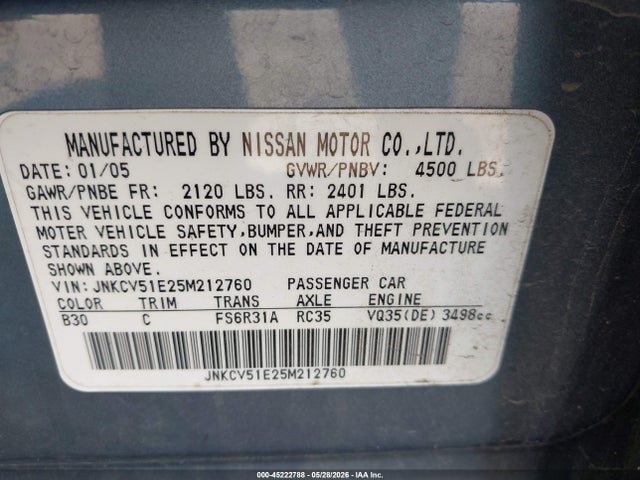 Aukcja sprzedaży 2005 Infiniti G35, vin: JNKCV51E25M212760, numer aukcji: 45222788