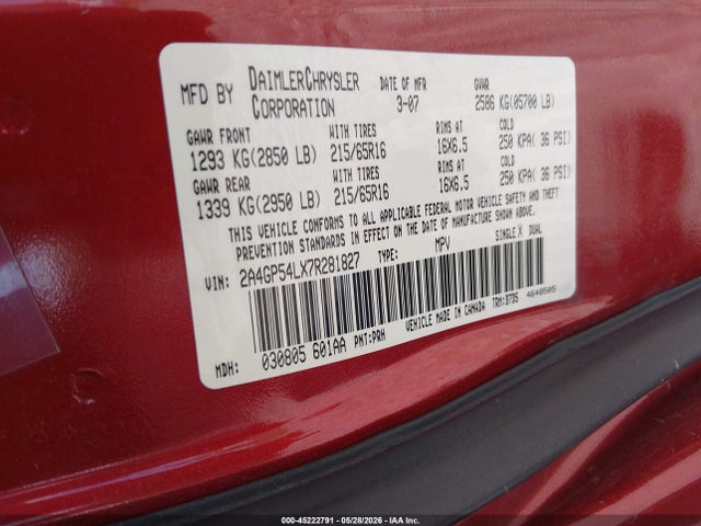 Продаж на аукціоні авто 2007 Chrysler Town & Country Touring, vin: 2A4GP54LX7R281827, номер лоту: 45222791
