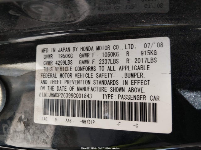 Aukcja sprzedaży 2009 Honda Accord 2.4 Lx, vin: JHMCP26399C001843, numer aukcji: 45222796