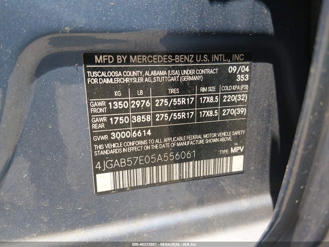 Aukcja sprzedaży 2005 Mercedes-benz Ml 350 4matic, vin: 4JGAB57E05A556061, numer aukcji: 45222801