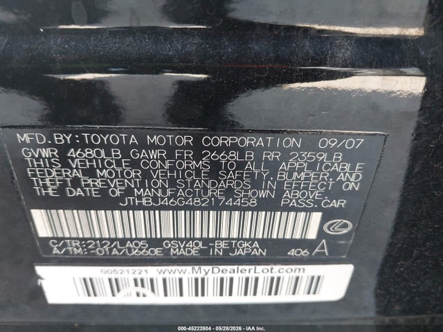 2008 Lexus Es 350 მანქანა იყიდება აუქციონზე, vin: JTHBJ46G482174458, აუქციონის ნომერი: 45222804