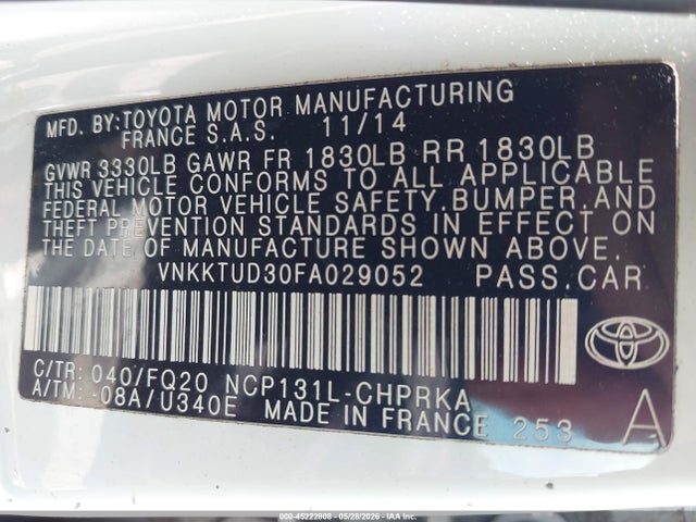 Продажа на аукционе авто 2015 Toyota Yaris L, vin: VNKKTUD30FA029052, номер лота: 45222808