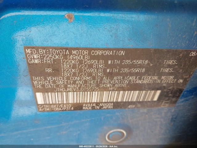 Aukcja sprzedaży 2018 Toyota Rav4 Hybrid Limited, vin: JTMDJREV3JD155725, numer aukcji: 45222811