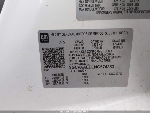 Продаж на аукціоні авто 2022 Chevrolet Silverado 1500 2wd  Standard Bed Wt, vin: 3GCPAAED1NG574283, номер лоту: 45222812