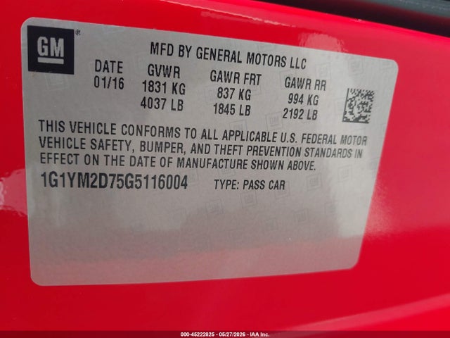 Продажа на аукционе авто 2016 Chevrolet Corvette Stingray Z51, vin: 1G1YM2D75G5116004, номер лота: 45222825