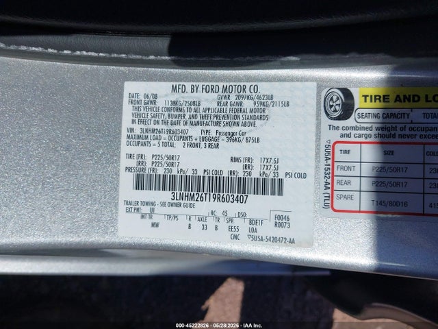 Aukcja sprzedaży 2009 Lincoln Mkz, vin: 3LNHM26T19R603407, numer aukcji: 45222826