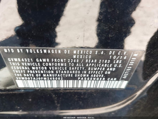 Aukcja sprzedaży 2015 Volkswagen Jetta 1.8t Se, vin: 3VWD07AJ0FM245062, numer aukcji: 45222829