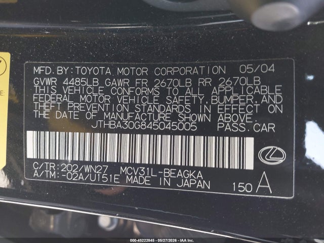 2004 Lexus Es 330 მანქანა იყიდება აუქციონზე, vin: JTHBA30G845045005, აუქციონის ნომერი: 45222845