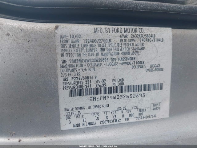 45222852 :رقم المزاد ، 2MEFM74W33X652895 vin ، 2003 Mercury Grand Marquis Gs مزاد بيع