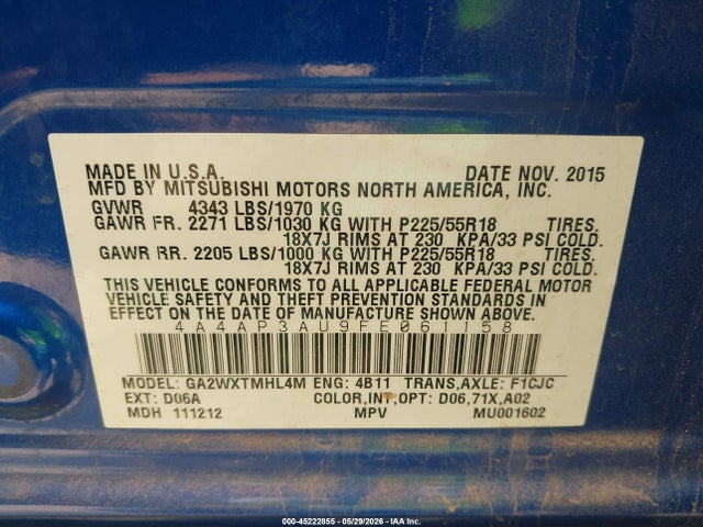 4A4AP3AU9FE061158 Mitsubishi Outlander Sport Es