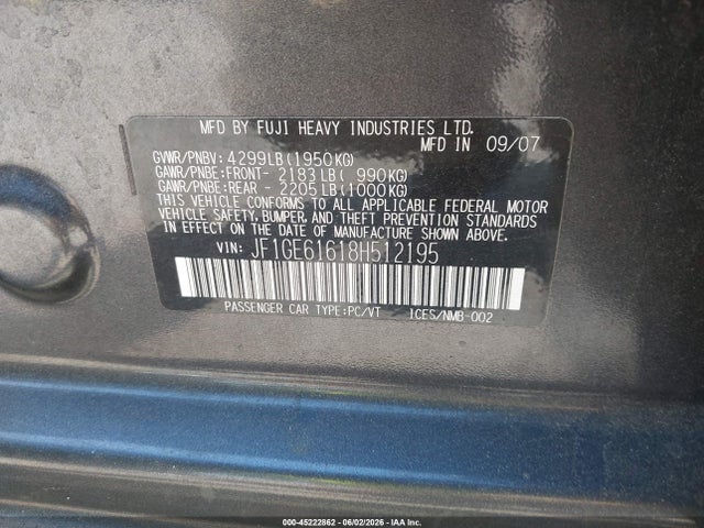 Aukcja sprzedaży 2008 Subaru Impreza  (natl) I W/premium Pkg, vin: JF1GE61618H512195, numer aukcji: 45222862