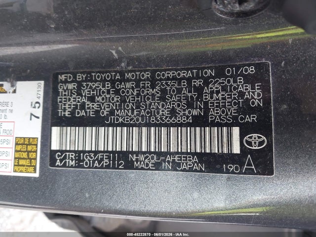 Продажа на аукционе авто 2008 Toyota Prius, vin: JTDKB20U183366884, номер лота: 45222870