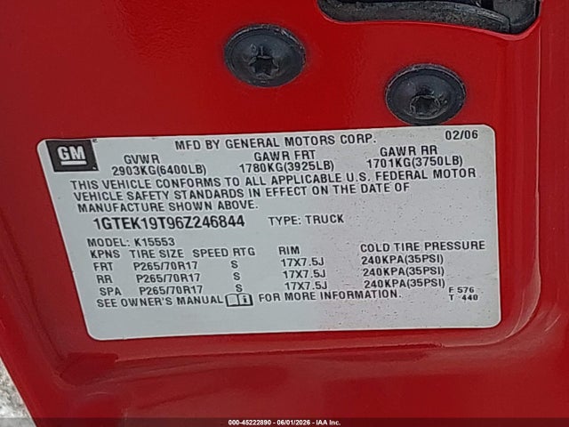 Aukcja sprzedaży 2006 Gmc Sierra 1500 Sle2, vin: 1GTEK19T96Z246844, numer aukcji: 45222890