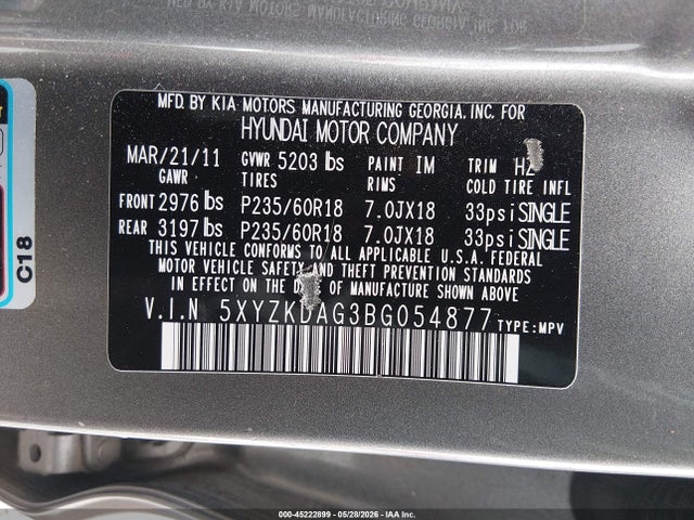 Продажа на аукционе авто 2011 Hyundai Santa Fe Limited V6, vin: 5XYZKDAG3BG054877, номер лота: 45222899