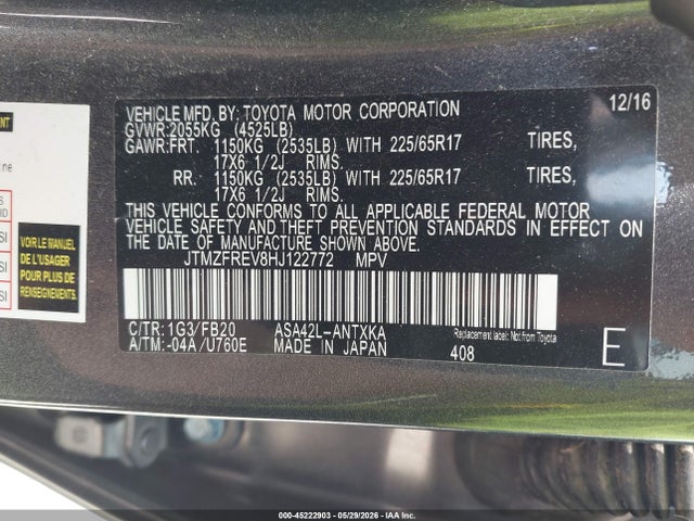 2017 Toyota Rav4 Le მანქანა იყიდება აუქციონზე, vin: JTMZFREV8HJ122772, აუქციონის ნომერი: 45222903