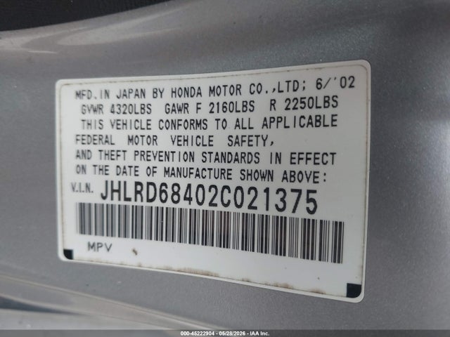 Aukcja sprzedaży 2002 Honda Cr-v Lx, vin: JHLRD68402C021375, numer aukcji: 45222904