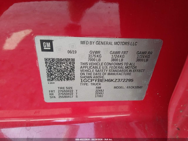 Aukcja sprzedaży 2019 Chevrolet Silverado 1500 Custom, vin: 1GCPYBEH6KZ372295, numer aukcji: 45222929