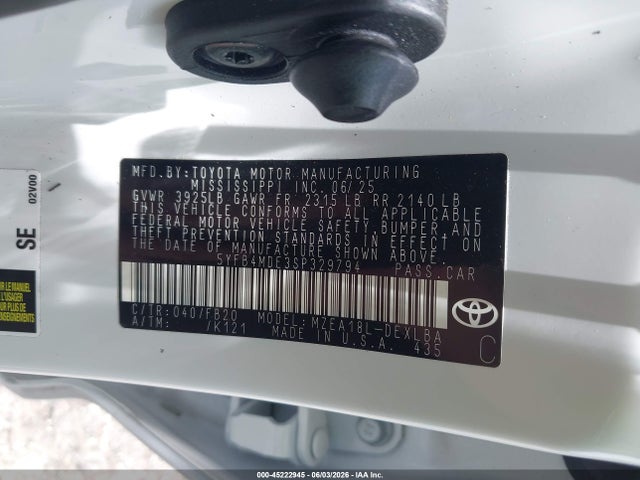 Aukcja sprzedaży 2025 Toyota Corolla Le, vin: 5YFB4MDE3SP329794, numer aukcji: 45222945