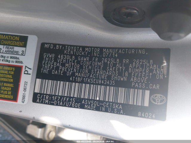 2014 Toyota Camry Se მანქანა იყიდება აუქციონზე, vin: 4T1BF1FK5EU843435, აუქციონის ნომერი: 45222948