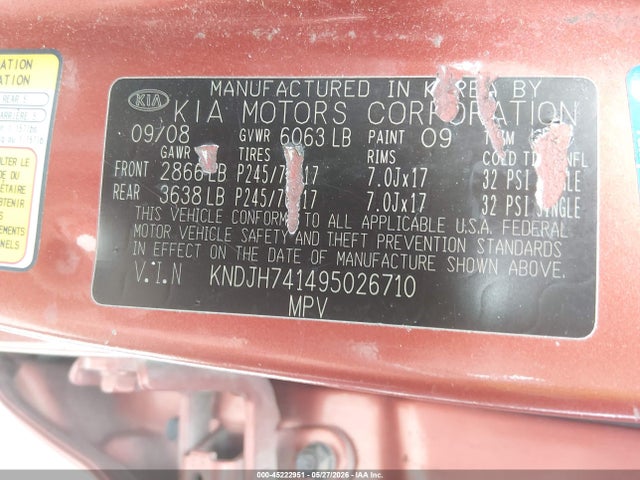2009 Kia Borrego Lx V6 მანქანა იყიდება აუქციონზე, vin: KNDJH741495026710, აუქციონის ნომერი: 45222951