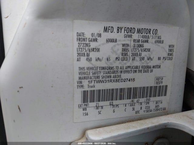 Продажа на аукционе авто 2008 Ford F-350 Fx4/harley-davidson/king Ranch/lariat/xl/xlt, vin: 1FTWW31RX8ED27415, номер лота: 45222956