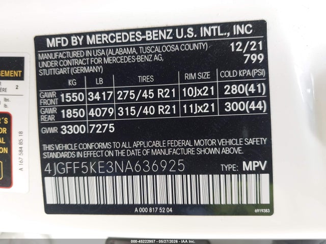 Продаж на аукціоні авто 2022 Mercedes-benz Gls 450 4matic, vin: 4JGFF5KE3NA636925, номер лоту: 45222957